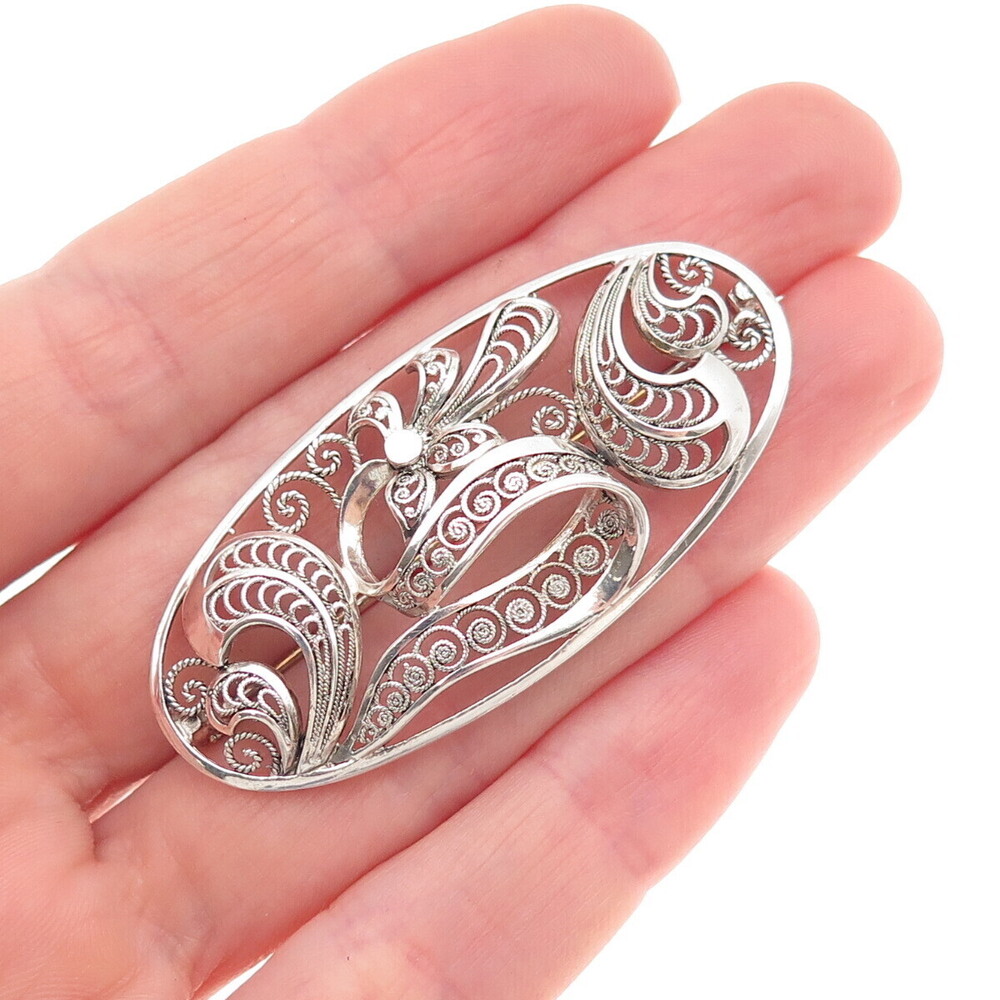 925 Sterling Silver Vintage Germany Floral Filigree Pin Brooch